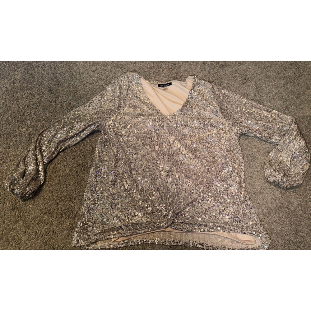 Party Dance Gold Silver Sequin Balloon Sleeve Blouse Twist Front XL Cable & Gaug - Picture 3 of 12